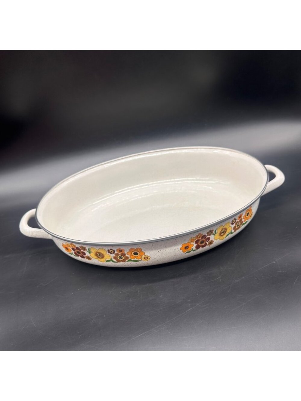 Vintage Cookware Pan Crowning Touch Harvest Blossom Oval 1970s Floral Enamel